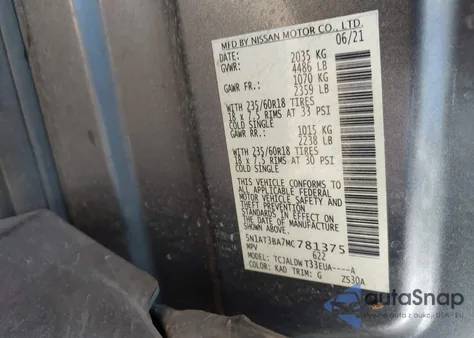 2021 Nissan Rogue Sv Fwd из США, поврежденный, VIN 5N1AT3BA7MC781375